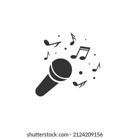 microphone with musical notes icon. Karaoke party logo. Radio, podcast, open air concept. Audio message, record,  speak sign. Vector illustration isolated on blue 