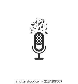 micrófono con icono de notas musicales. Logo del partido Karaoke. Radio, podcast, concepto al aire libre. Mensaje de audio, registro, señal de voz. Ilustración del vector aislada en azul 