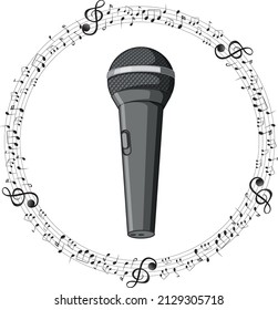 A microphone with musical notes on white background illustration