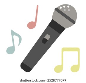 Ilustração vetorial de notas musicais e de microfone.