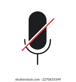 Microphone mute icon. Audio voice recording symbol. Black fill sign. Template design for video conference and chat, webinar, app, ui, ux. Vector illustration