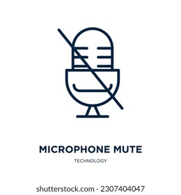 icono silenciar micrófono de la colección de tecnología. El micrófono lineal delgado silenciará, silenciará, graba el icono de contorno aislado en el fondo blanco. Señal silenciada de micrófono vector de línea, símbolo para web y móvil