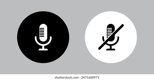 Micrófono silenciado y no silenciado Ilustración vectorial de iconos, micrófono silenciado y aislado icono de micrófono, conjunto de micrófonos en blanco y negro, Mic podcast logotipo de difusión de icono, silencio signo, símbolo de micrófono encendido y apagado, Audio signo