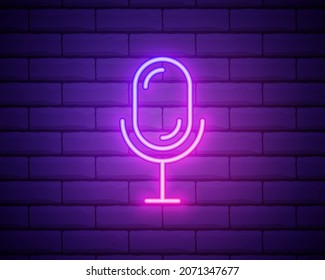 Microphone neon icon. Mic on brick wall background. Studio record concept. Vector illustration can be used for neon signs, billboards, radio stations, broadcasting.