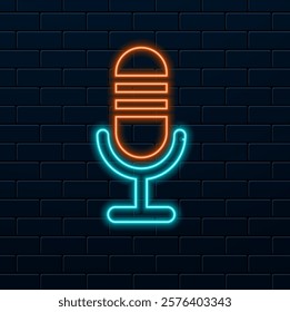 Microphone for neon radio icon. Bright music sign. Musical concept. Vector illustration for sound recording studio design, advertising, signboards, vocal studio