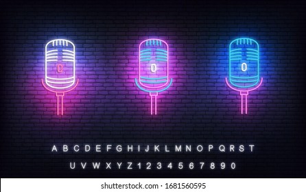 Microphone Neon. Set Of Glowing Neon Microphones For Podcast, Stand Up, Comedy Show.