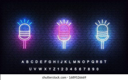 Microphone neon. Set of glowing neon microphones for podcast, stand up, comedy show