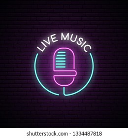 Microphone neon sign. Live music bright emblem. Light mic on the brick wall background. Vector illustration in neon style.