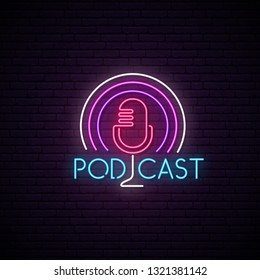 Microphone neon sign. Podcast bright emblem. Light neon mic sign on the brick wall background. Vector design template for radio, broadcasting and dj.