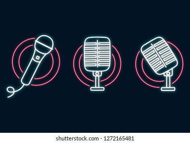 Microphone neon sign for stand up comedy. Karaoke festival emblem. Music shop luminous bright concept. Vector isolated illustration.