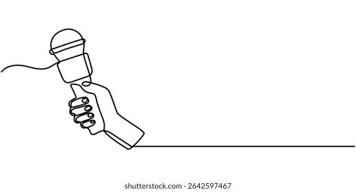 microphone news desenho contínuo de uma linha, Conjunto de desenho de mãos segurando o microfone de notícias no estilo de desenho contínuo de uma linha. Jornalista, conceito de repórter. Ilustração vetorial.
