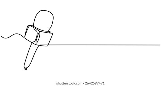 microphone news desenho contínuo de uma linha, Conjunto de desenho de mãos segurando o microfone de notícias no estilo de desenho contínuo de uma linha. Jornalista, conceito de repórter. Ilustração vetorial.