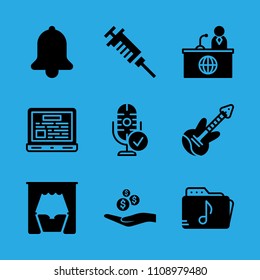 microphone, news reporter, electric guitar, music folder, bell, syringe, laptop, alms and bed vector icon. Simple icons set