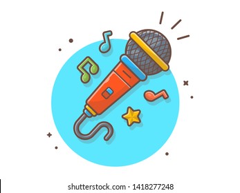 Microphone with Note and Tune of Music Vector Illustration. Voice Speak Up and Recording. Flat Cartoon Style Suitable for Web Landing Page,  Banner, Flyer, Sticker, Wallpaper, Card, Background