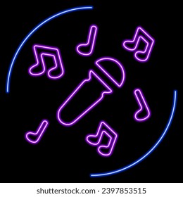 notas de micrófono signo de neón, diseño moderno de banner brillante, coloridas tendencias de diseño moderno sobre fondo negro. Ilustración vectorial.