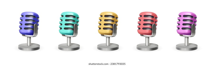 Microphone old retro collection. Different colors microphone icons set. Audio record, radio, podcast 3d Illustration