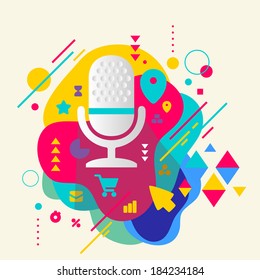 Microphone on abstract colorful spotted background with different elements. Flat design.
