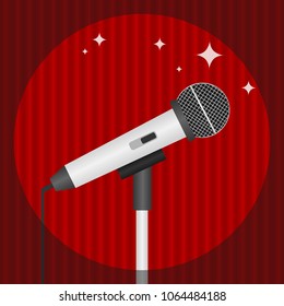 A microphone on a background of red curtains, lit by a realistic microphone. Flat design, vector illustration, vector.
