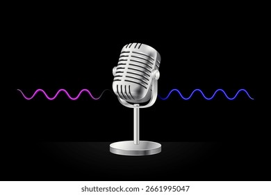 Microphone on black background with sound wave purple blue for poster design