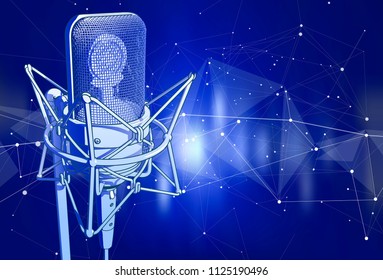 A microphone on a blue technological background is surrounded by a sound wave. Atmosphere of sound recording studio, chamber concert, night disco club or karaoke club / vector
