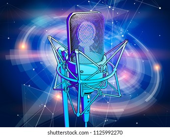 A microphone on a blue technological background is surrounded by a sound wave. Atmosphere of sound recording studio, chamber concert, night disco club or karaoke club / vector