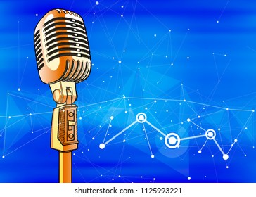 A microphone on a blue technological background is surrounded by a sound wave. Atmosphere of sound recording studio, chamber concert, night disco club or karaoke club / vector
