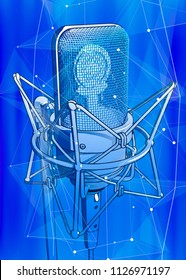 A microphone on a blue technological background is surrounded by a sound wave. Atmosphere of sound recording studio, chamber concert, night disco club or karaoke club / vector