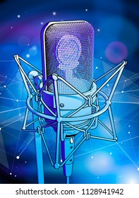 Un micrófono de fondo tecnológico azul está rodeado por una ola de sonido. Atmósfera de estudio de grabación de sonido, concierto de cámara, discoteca nocturna o club de karaoke / vector