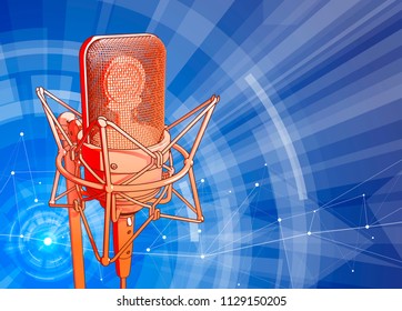 A microphone on a blue technological background is surrounded by a sound wave. Atmosphere of sound recording studio, chamber concert, night disco club or karaoke club / vector