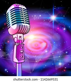 A microphone on a blue technological background is surrounded by a sound wave. Atmosphere of sound recording studio, chamber concert, night disco club or karaoke club / vector