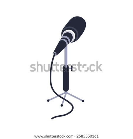 Microphone on desktop stand with cable. Professional audio equipment for broadcasting, press conferences, live reporting. Table mic, mike. Flat vector illustration isolated on white background