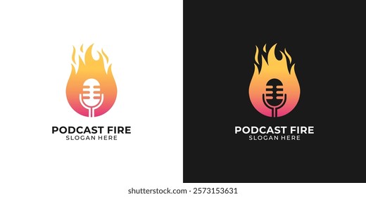 microphone on fire, classic podcast fire logo for podcast music, simple logo for brands and companies Vector.