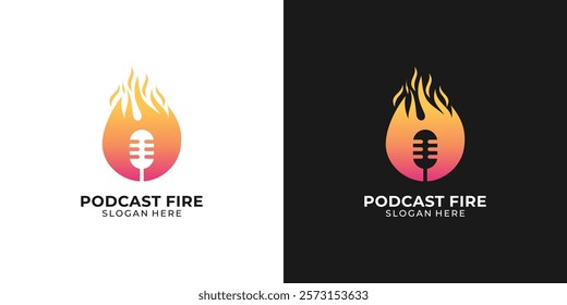 microphone on fire, classic podcast fire logo for podcast music, simple logo for brands and companies Vector.