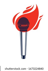 Microphone on fire, hot mic in flames, rap battle rhymes music, karaoke singing or standup comedy, vector logo or illustration, concert festival or night club label, t-shirt print.