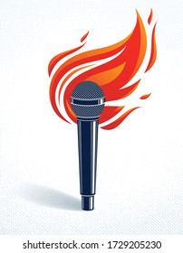 Microphone on fire, hot mic in flames, rap battle rhymes music, karaoke singing or standup comedy, vector logo or illustration, concert festival or night club label, t-shirt print.