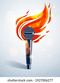 Microphone on fire, hot mic in flames, rap battle rhymes music, karaoke singing or standup comedy, vector logo or illustration, concert festival or night club label, t-shirt print.