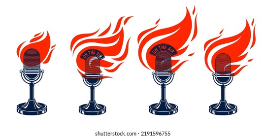 Microphone on fire, hot mic in flames, rap battle rhymes music, karaoke singing or standup comedy, vector logos or illustrations set, concert festival or night club labela, t-shirt prints.