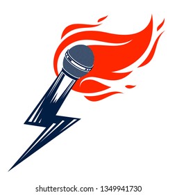 Microphone on fire and shape of lightning, hot mic in flames and bolt, breaking news concept, rap battle rhymes music, karaoke singing or standup comedy, vector logo or illustration.