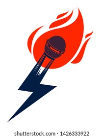 Microphone on fire and shape of lightning, hot mic in flames and bolt, breaking news concept, rap battle rhymes music, karaoke singing or standup comedy, vector logo or illustration.