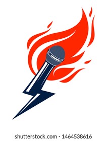 Microphone on fire and shape of lightning, hot mic in flames and bolt, breaking news concept, rap battle rhymes music, karaoke singing or standup comedy, vector logo or illustration.