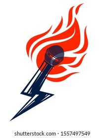 Microphone on fire and shape of lightning, hot mic in flames and bolt, breaking news concept, rap battle rhymes music, karaoke singing or standup comedy, vector logo or illustration.