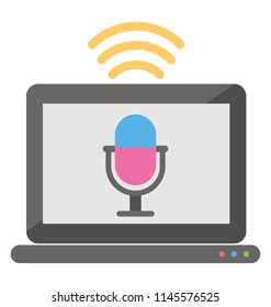 A microphone on laptop screen with frequency waves representing radio advertisement, flat icon design