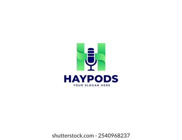 Micrófono en la Inspiración de Vector del logotipo de la letra H. Letra inicial H con diseño de logotipo de símbolo de icono de micrófono de podcast. Símbolo de medios y difusión para la identidad empresarial de audio. Ilustración del logotipo del Vector del alfabeto