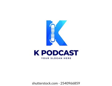 Microphone on Letter K Logo Vector Inspiration. Initial Letter K with Podcast Mic Icon Symbol Logo Design. Media and Broadcasting Symbol for Audio Business Identity. Alphabet Vector Logo Illustration
