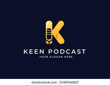 Microphone on Letter K Logo Vector Inspiration. Initial Letter K with Podcast Mic Icon Symbol Logo Design. Media and Broadcasting Symbol for Audio Business Identity. Alphabet Vector Logo Illustration