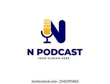 Microphone on Letter N Logo Vector Inspiration. Initial Letter N with Podcast Mic Icon Symbol Logo Design. Media and Broadcasting Symbol for Audio Business Identity. Alphabet Vector Logo Illustration