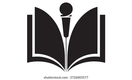 Micrófono en libro abierto que simboliza la educación y la comunicación de habla pública en una simple ilustración en blanco y negro