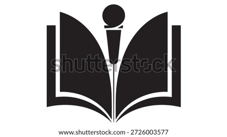 Microphone on open book symbolizing public speaking education and communication in a simple black and white illustration