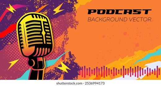 Microphone on orange and purple background. Podcasting and creativity in music concept.
