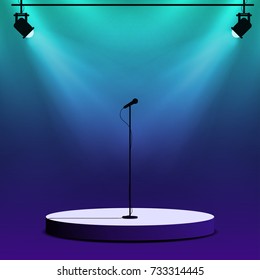 Microphone on round stage scene. Spotlights with light beams on colorful background. Stand up show, performance, karaoke poster template. Vector